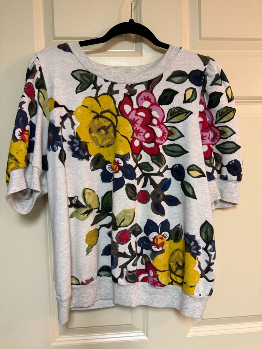 Anthropologie White Floral Sweatshirt with Yellow, Pink & Navy Flowers